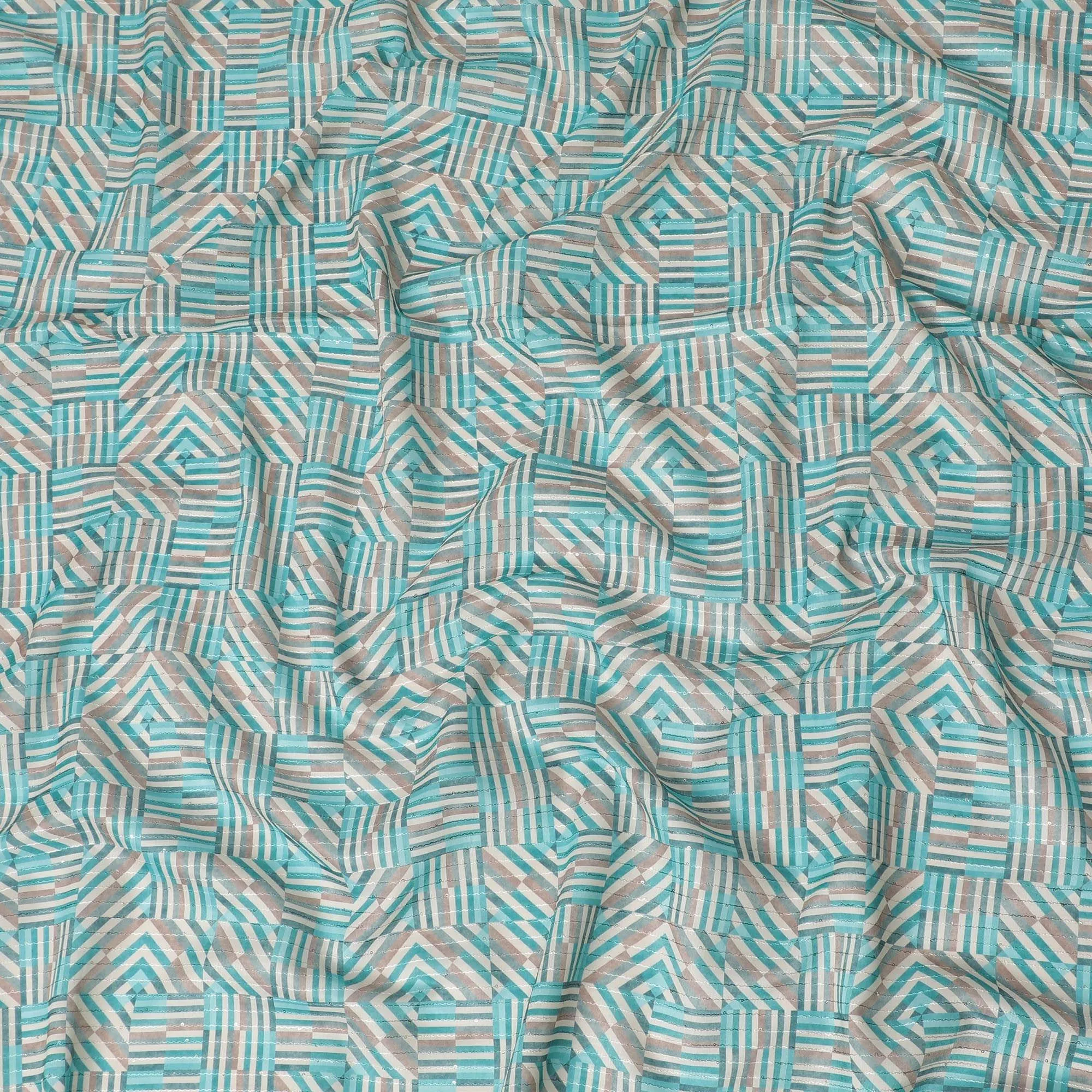 Multicolor synthetic silk fabric with same tone embroidery having sequins in stripe design-D16423