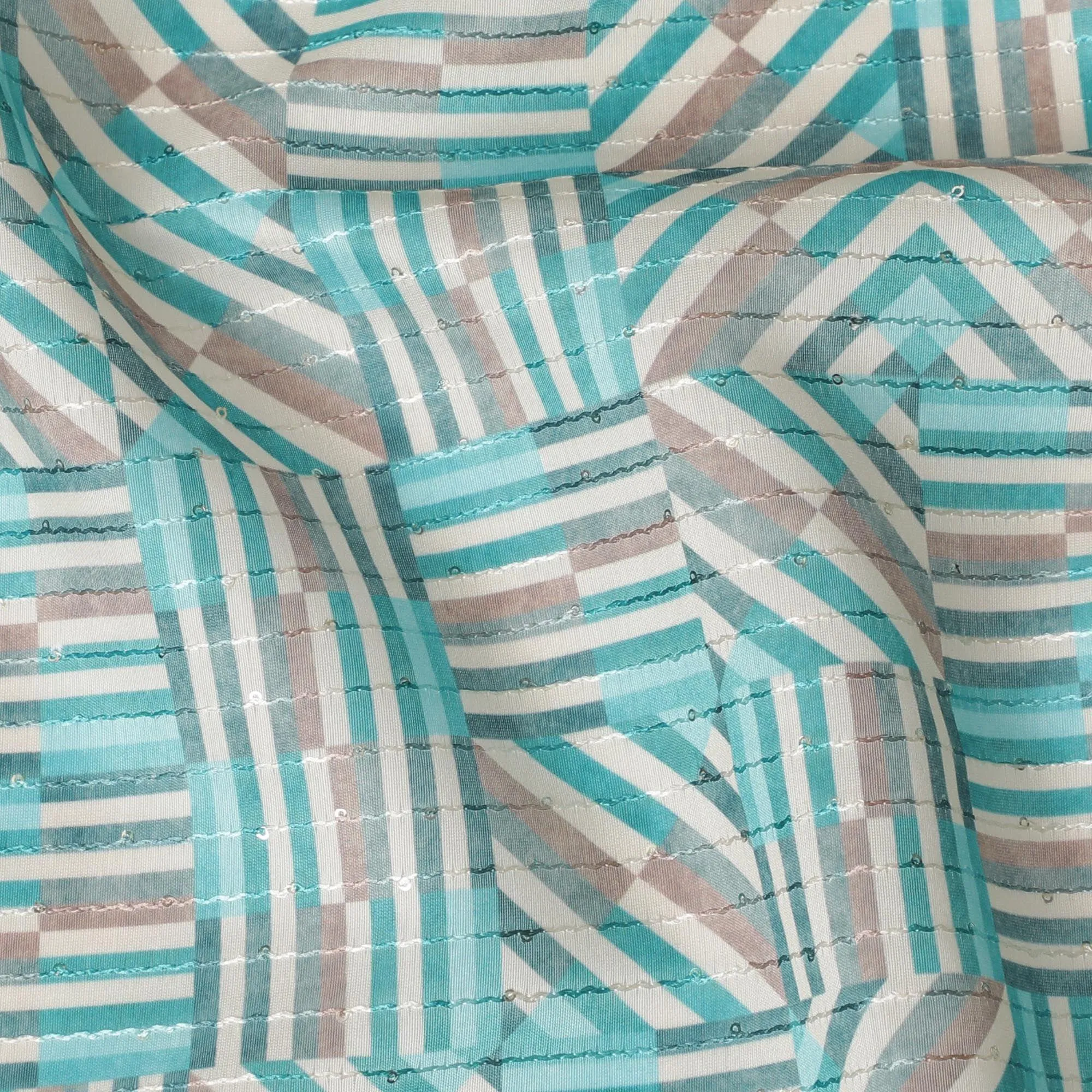 Multicolor synthetic silk fabric with same tone embroidery having sequins in stripe design-D16423