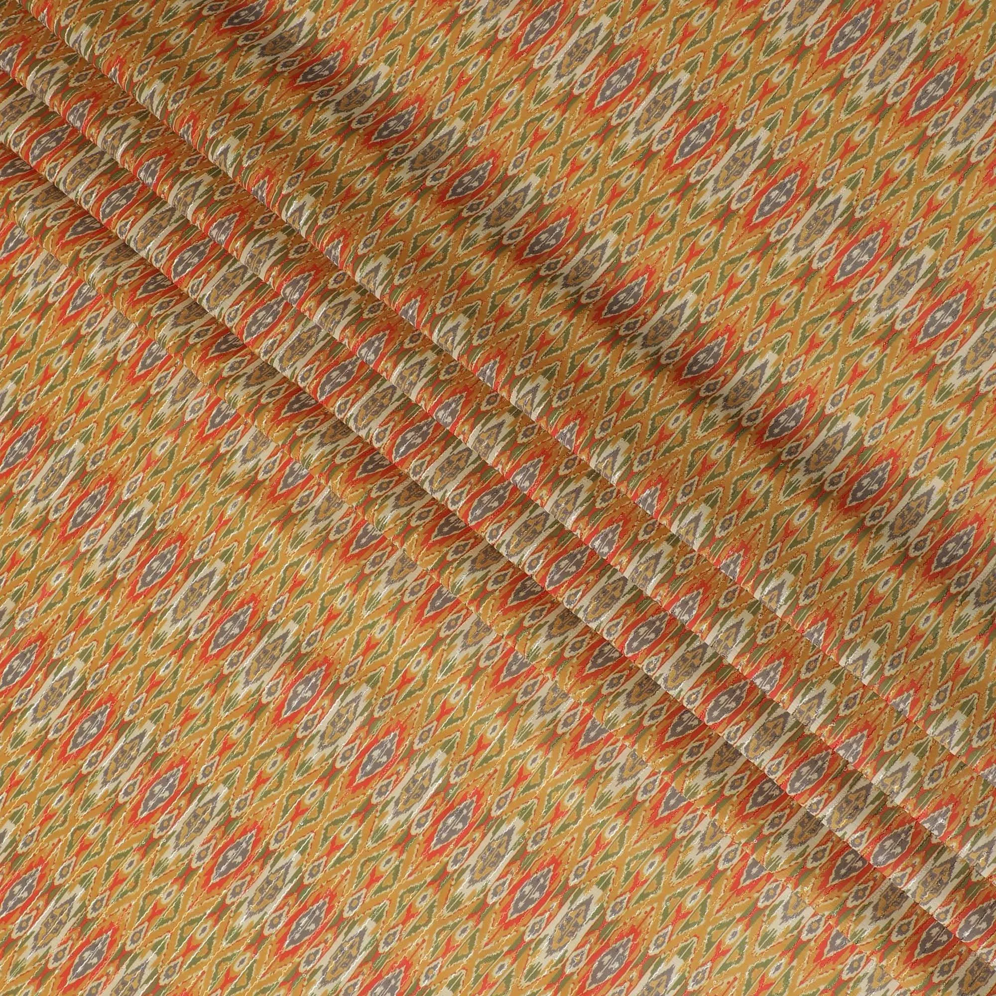 Mustard synthetic silk fabric with same tone embroidery having multicolor print and sequins in stripe design-D16422