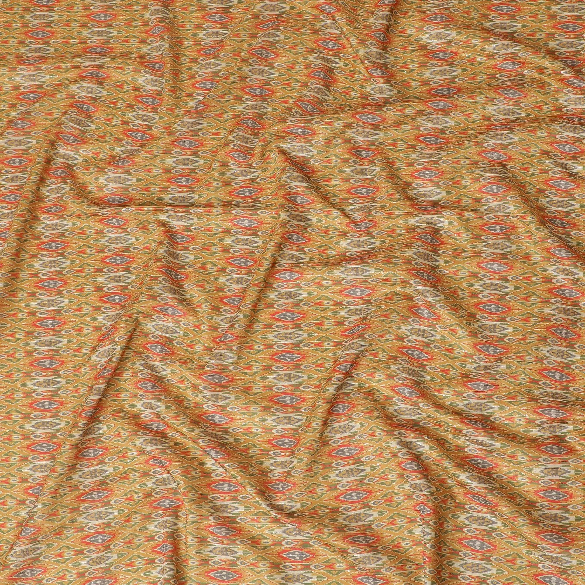 Mustard synthetic silk fabric with same tone embroidery having multicolor print and sequins in stripe design-D16422