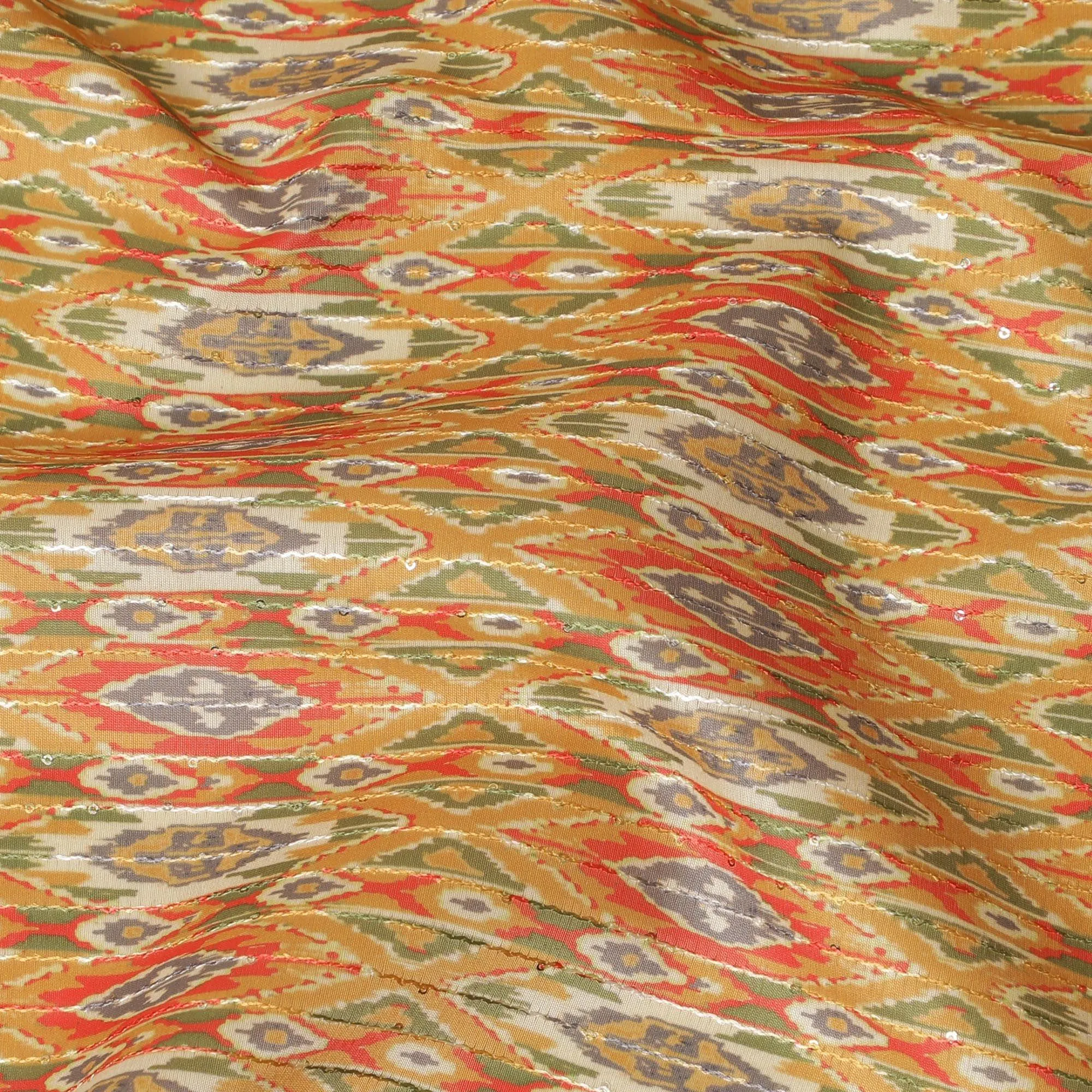 Mustard synthetic silk fabric with same tone embroidery having multicolor print and sequins in stripe design-D16422