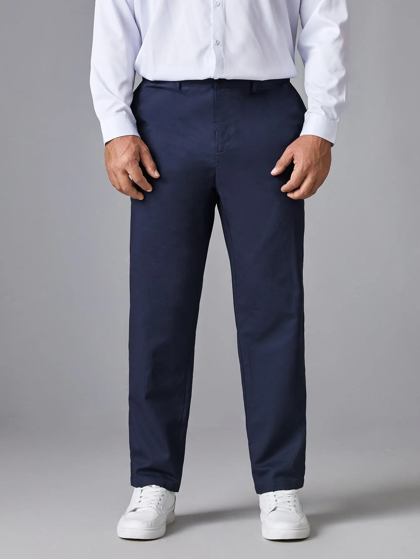 Navy Blue Solid Zipper Fly Suit Pants