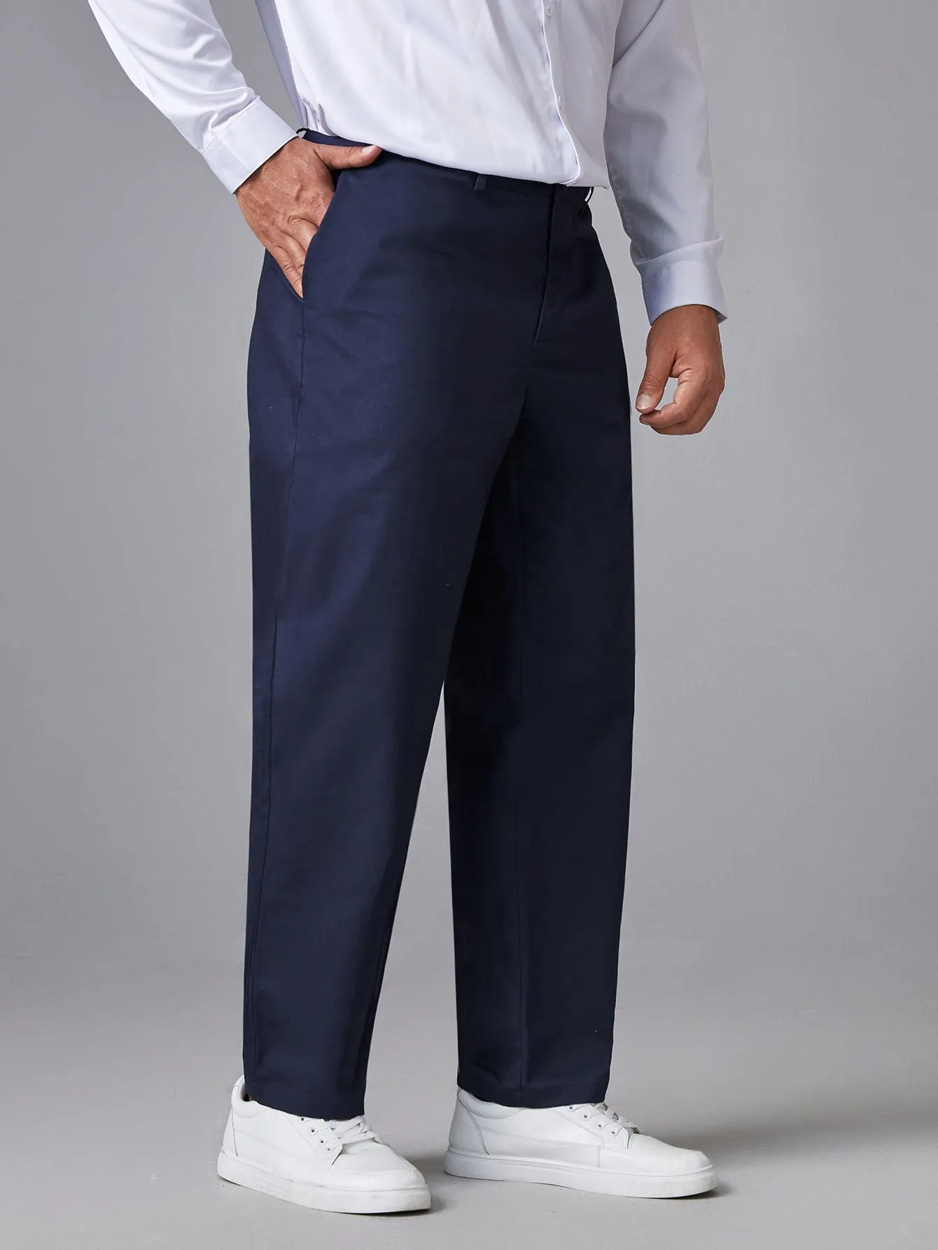 Navy Blue Solid Zipper Fly Suit Pants