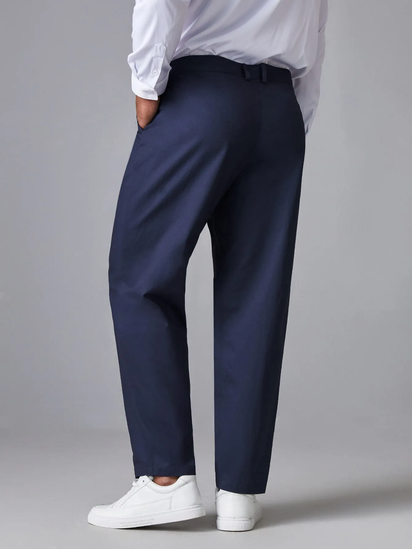 Navy Blue Solid Zipper Fly Suit Pants