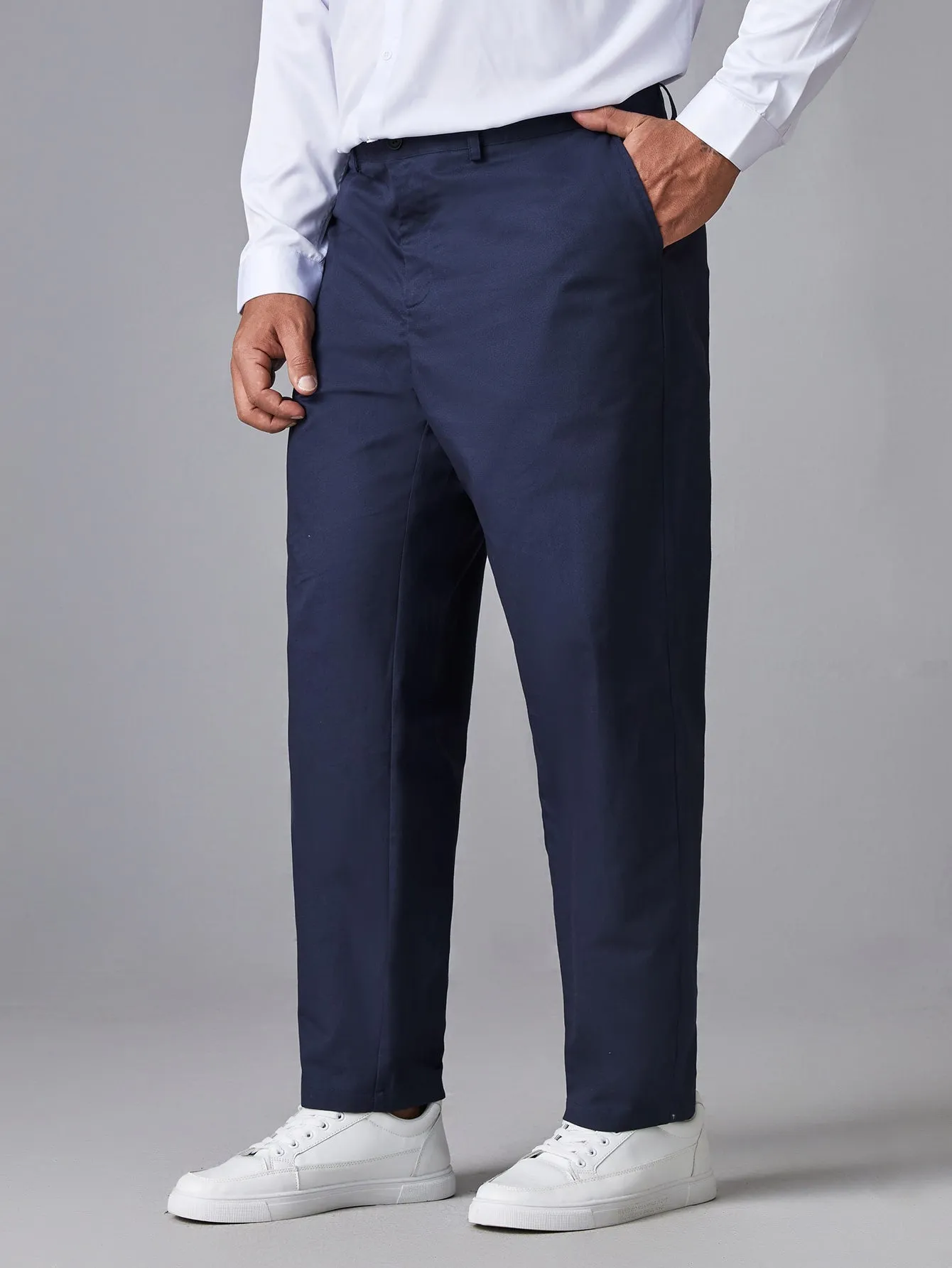 Navy Blue Solid Zipper Fly Suit Pants