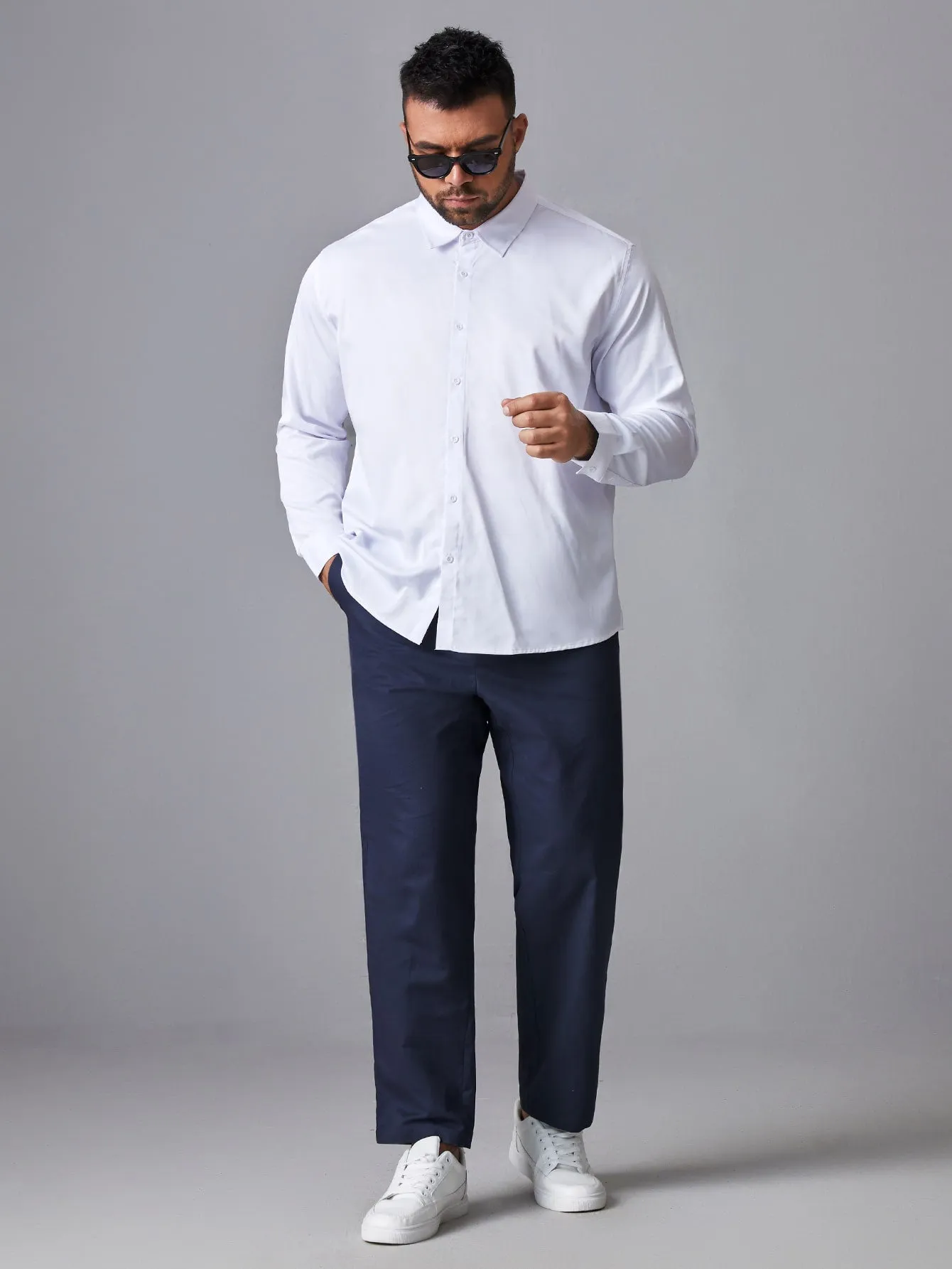 Navy Blue Solid Zipper Fly Suit Pants