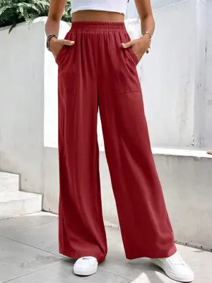 New women’s mid-waist straight pants, loose sports solid color pocket casual trousers