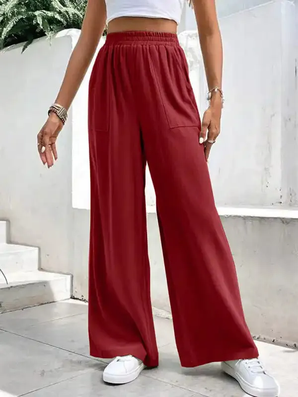 New women’s mid-waist straight pants, loose sports solid color pocket casual trousers