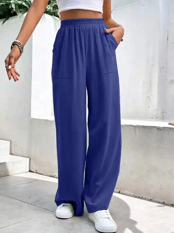 New women’s mid-waist straight pants, loose sports solid color pocket casual trousers