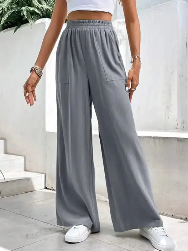New women’s mid-waist straight pants, loose sports solid color pocket casual trousers