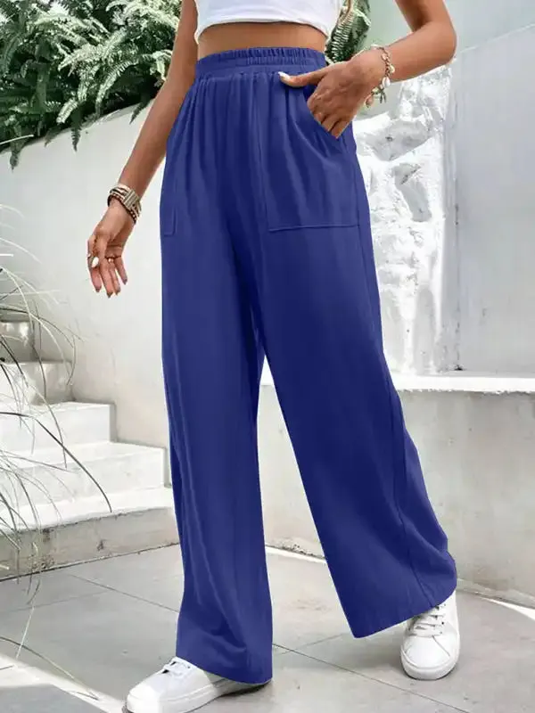 New women’s mid-waist straight pants, loose sports solid color pocket casual trousers