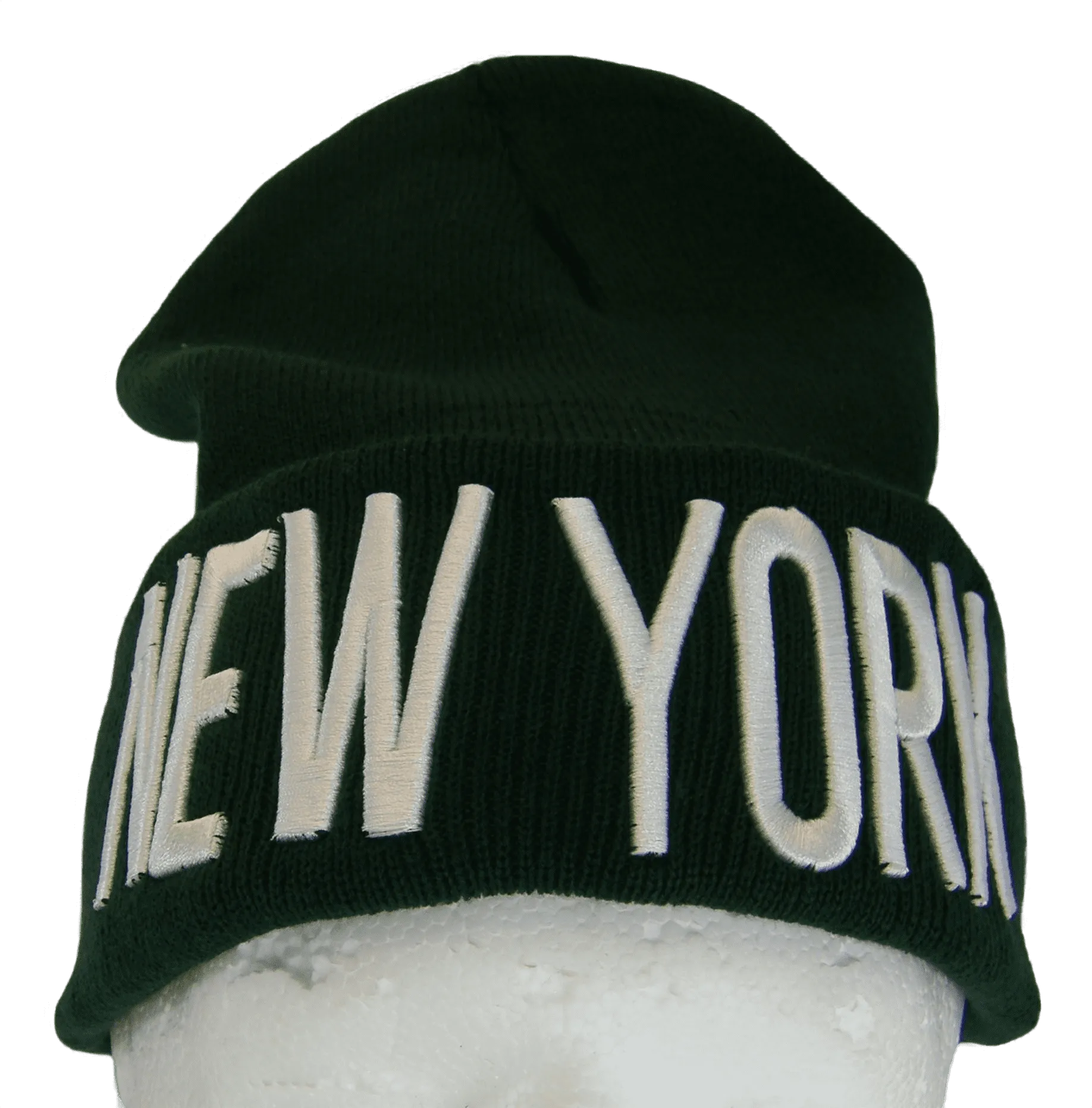 New York Adult Size Winter Knit Cuffed Beanie Hat (Dark Green/White)