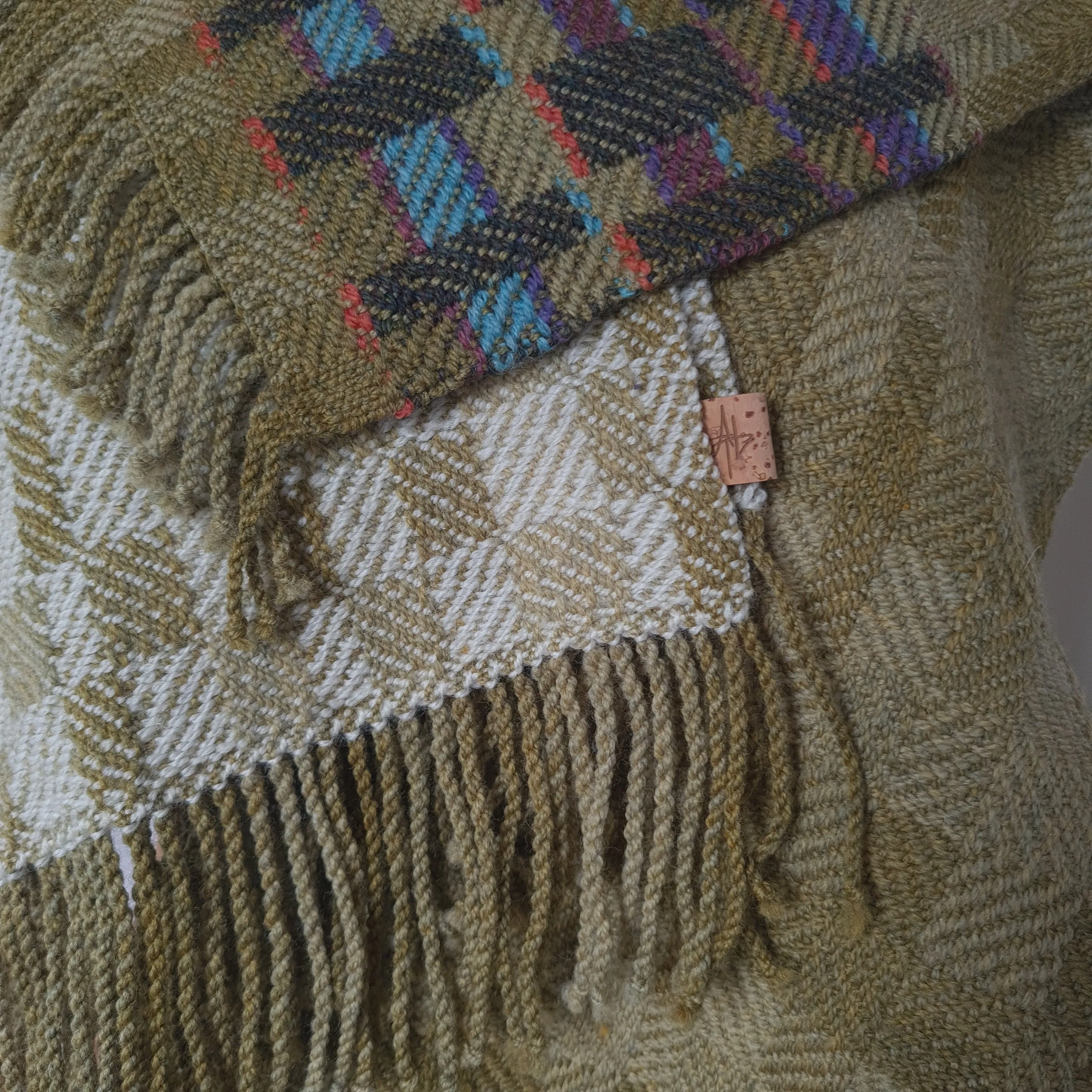 Olive Twill Block Scarf with Double Faced details