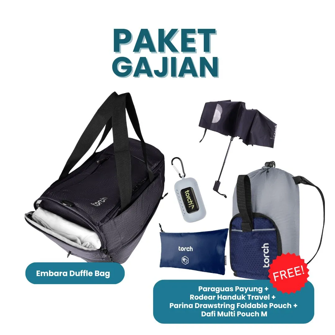 Paket Gajian - Embara Duffle Bag Gratis Rodear Handuk Travel Black   Paraguas  Payung   Parina Drawstring Foldable Pouch  Dafi Multi Pouch M