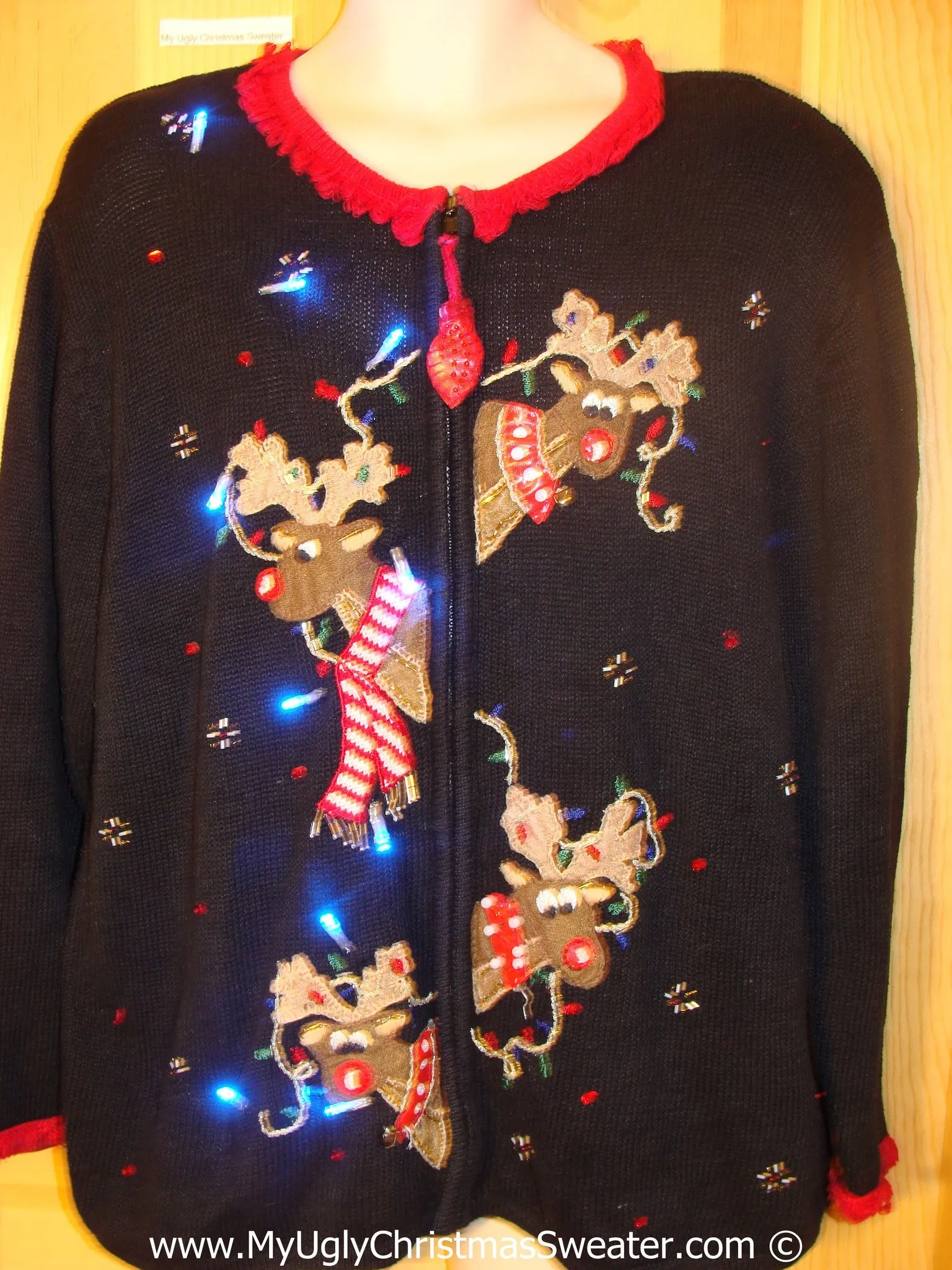 Peaking Reindeer 80s Christmas Sweater with Lights (g216)