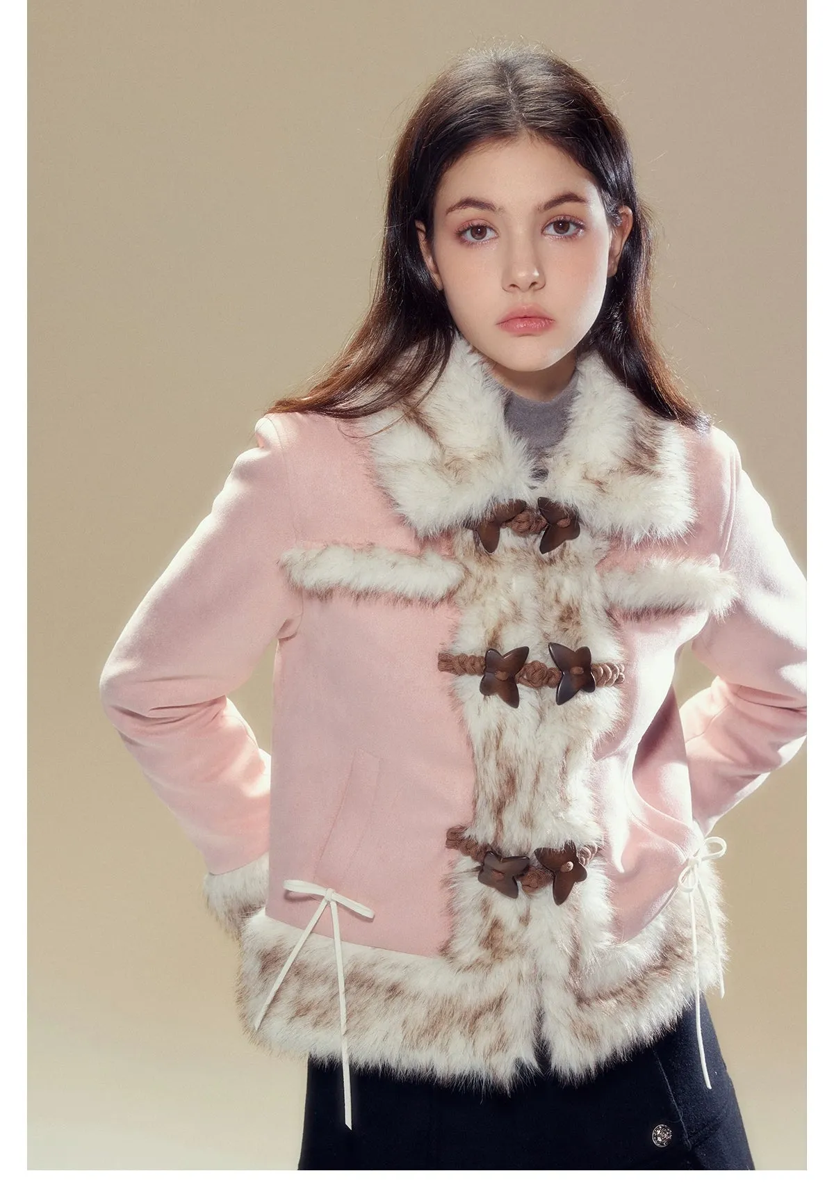 Pink Suede Butterfly Horn Button Shearling Coat