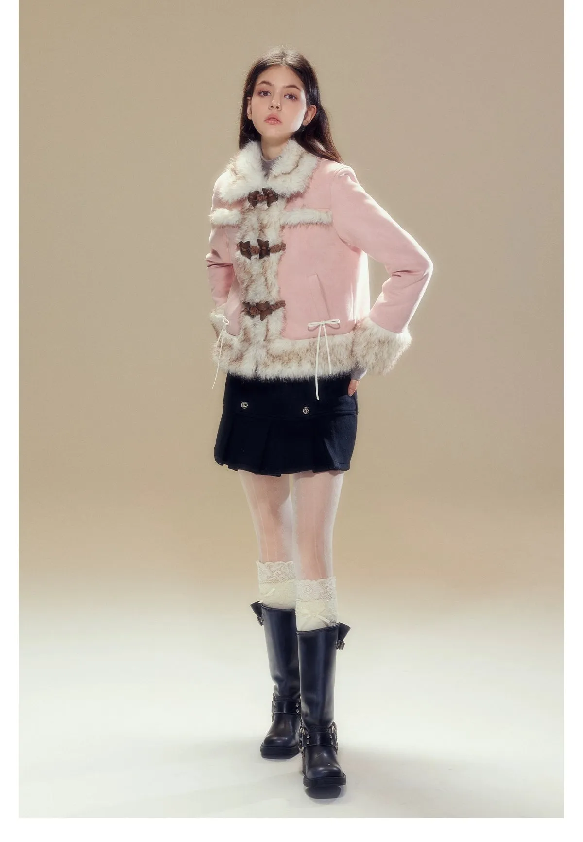 Pink Suede Butterfly Horn Button Shearling Coat