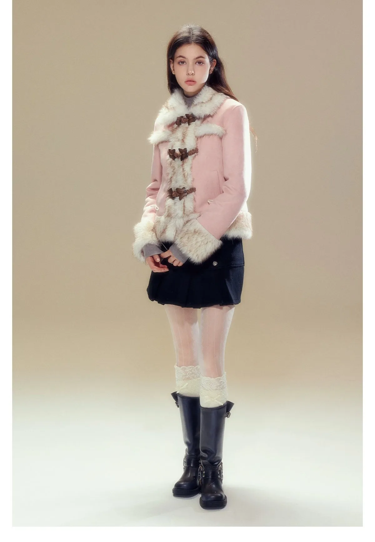Pink Suede Butterfly Horn Button Shearling Coat