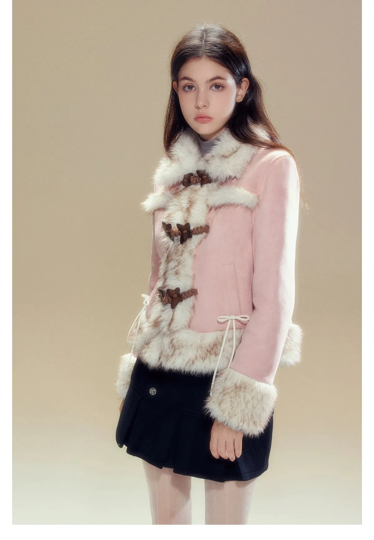 Pink Suede Butterfly Horn Button Shearling Coat