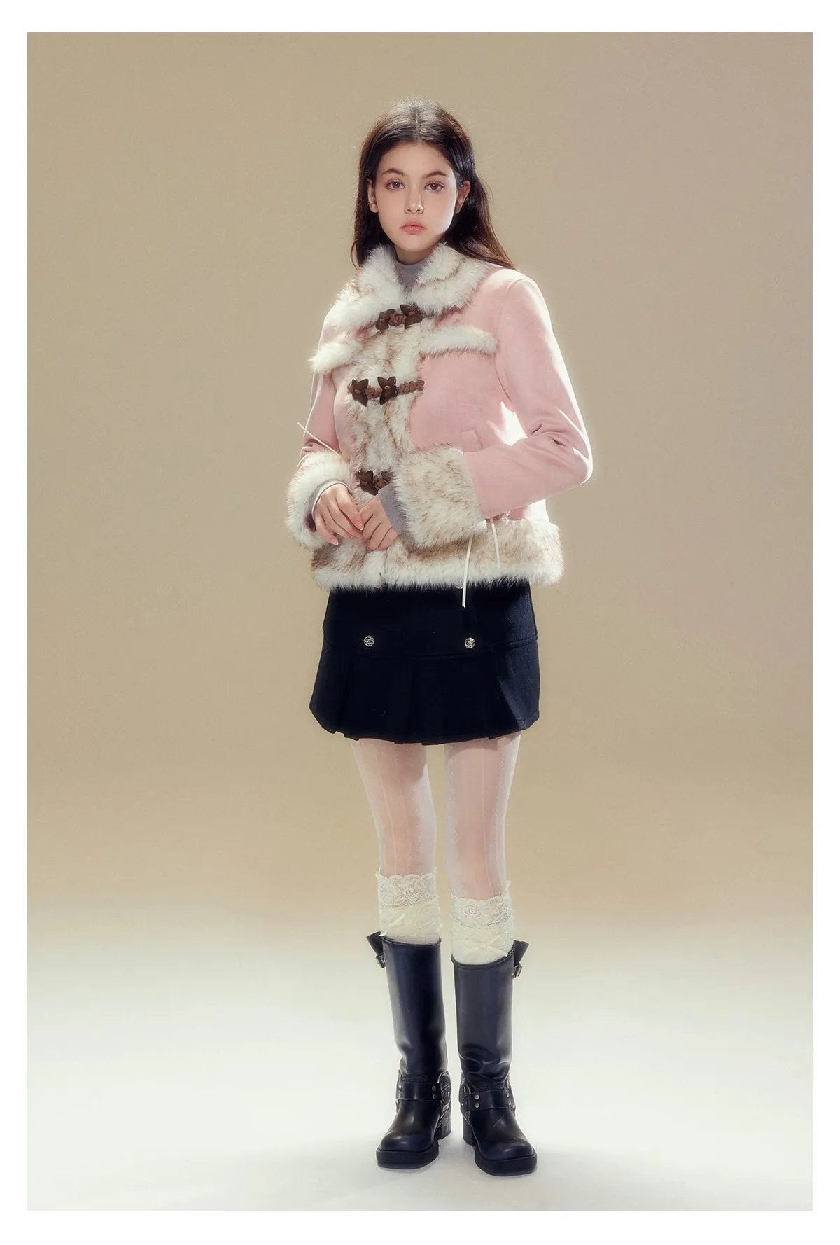 Pink Suede Butterfly Horn Button Shearling Coat