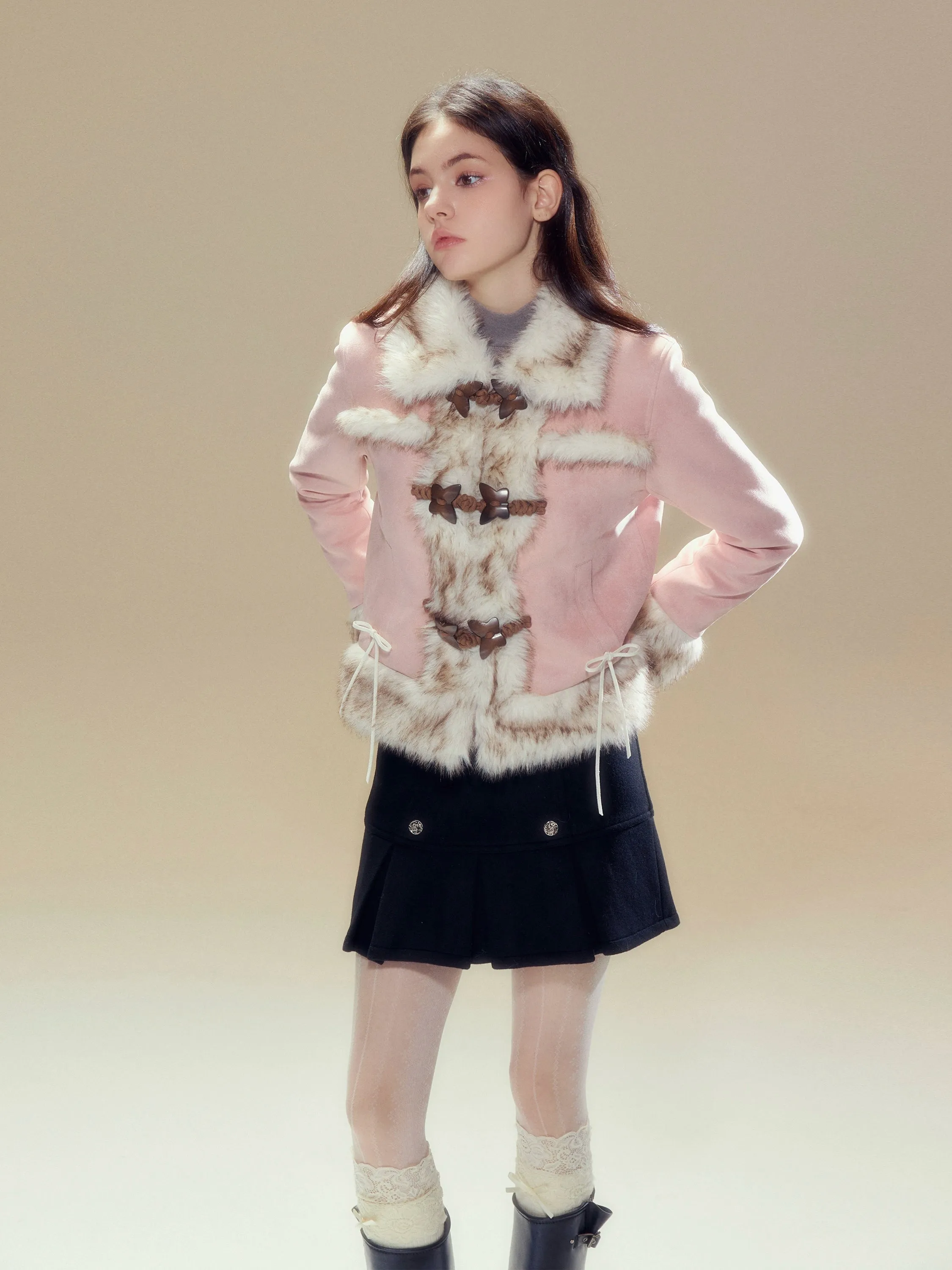 Pink Suede Butterfly Horn Button Shearling Coat
