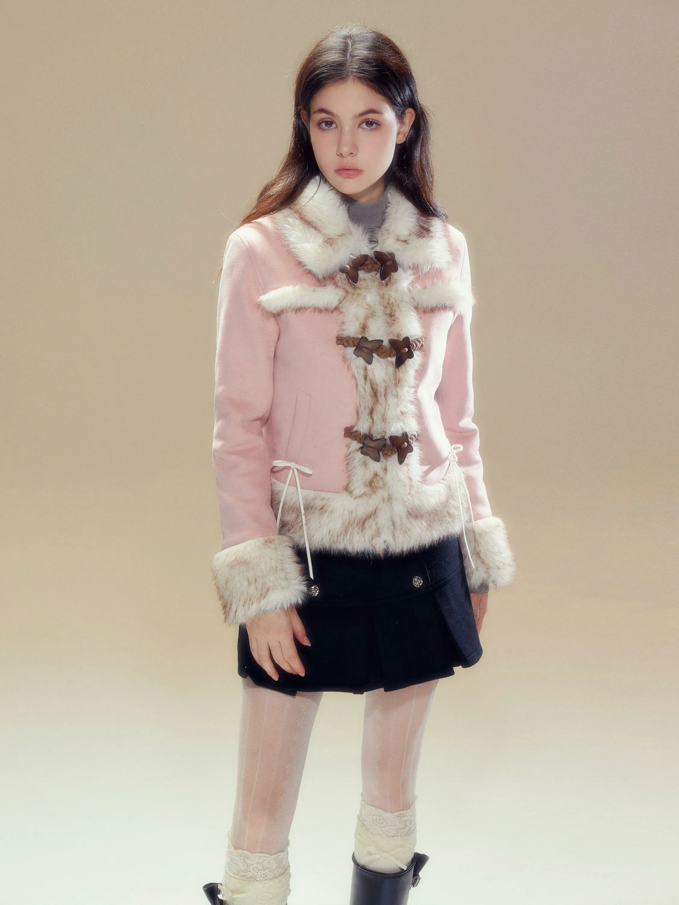 Pink Suede Butterfly Horn Button Shearling Coat