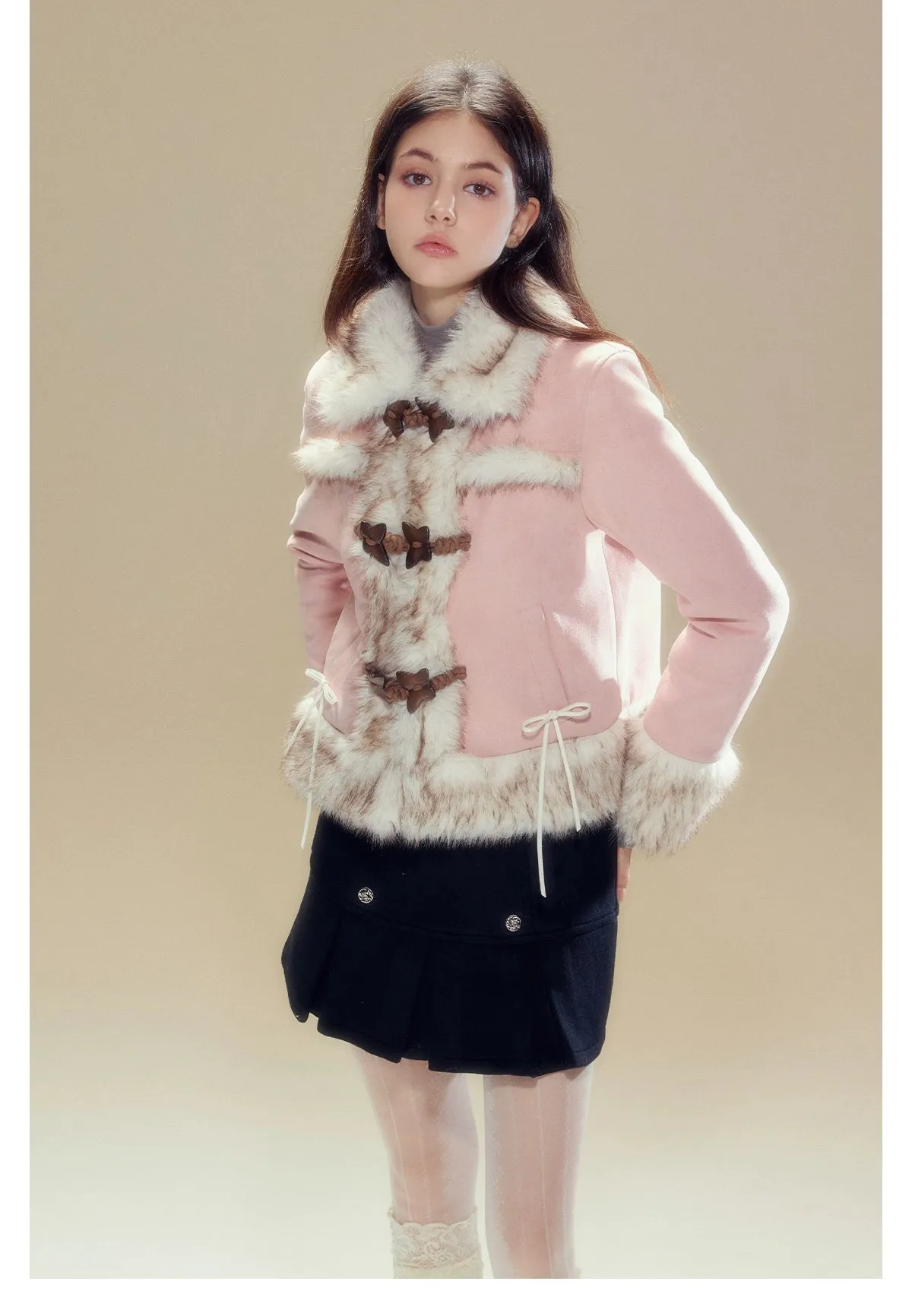 Pink Suede Butterfly Horn Button Shearling Coat