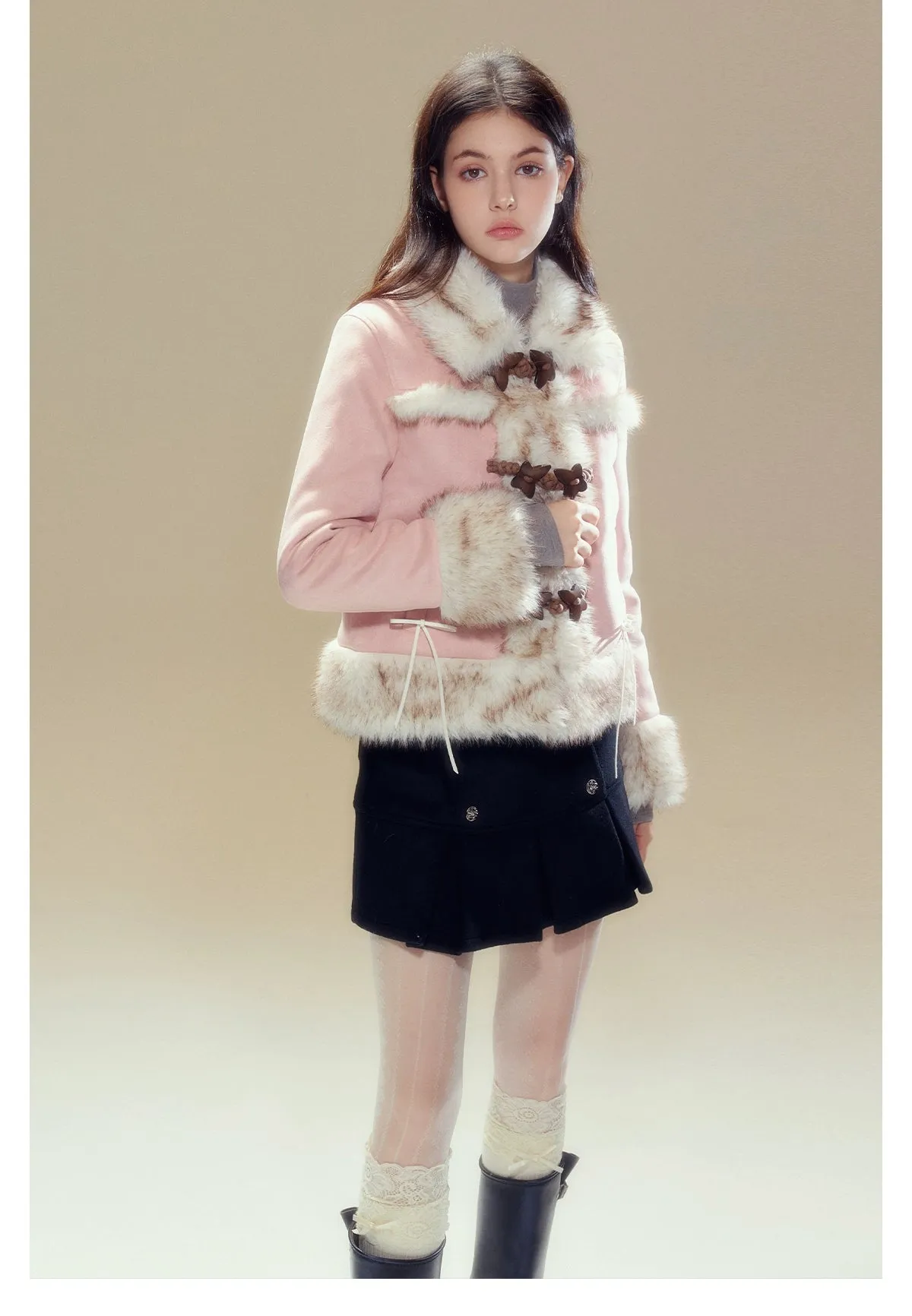 Pink Suede Butterfly Horn Button Shearling Coat