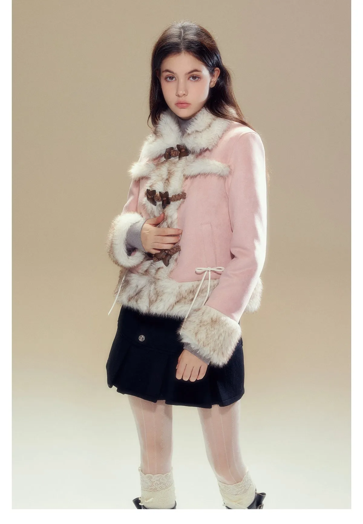 Pink Suede Butterfly Horn Button Shearling Coat