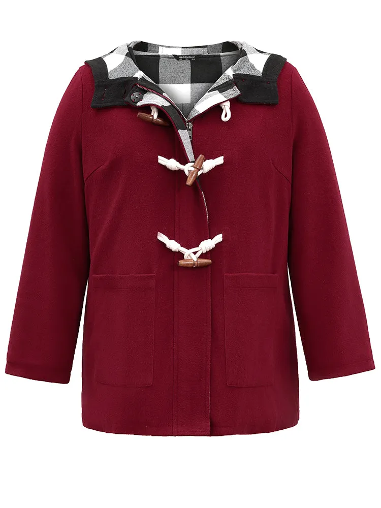 Plaid Patchwork Hooded Duffle Button Coat