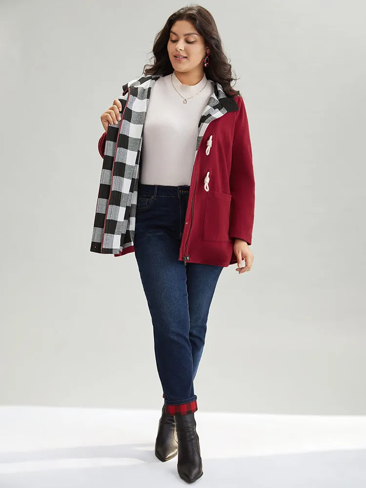 Plaid Patchwork Hooded Duffle Button Coat