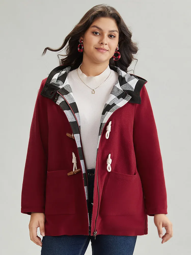 Plaid Patchwork Hooded Duffle Button Coat