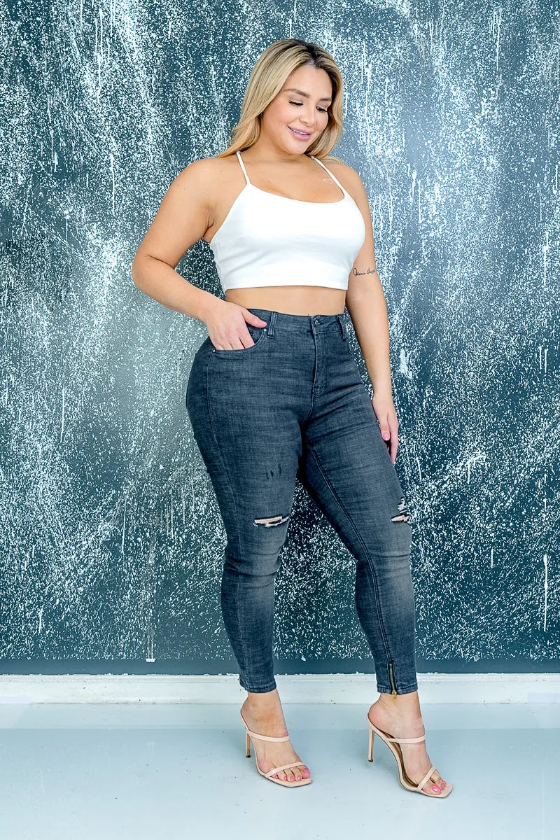 Plus Size Body Sculpt Denim Skinny Jeans with Rip Detail in Black  (HPS-1554)