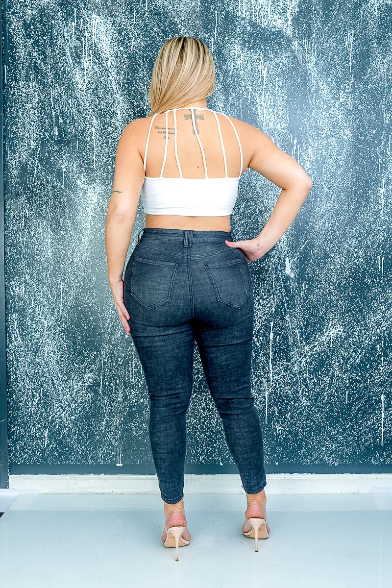 Plus Size Body Sculpt Denim Skinny Jeans with Rip Detail in Black  (HPS-1554)
