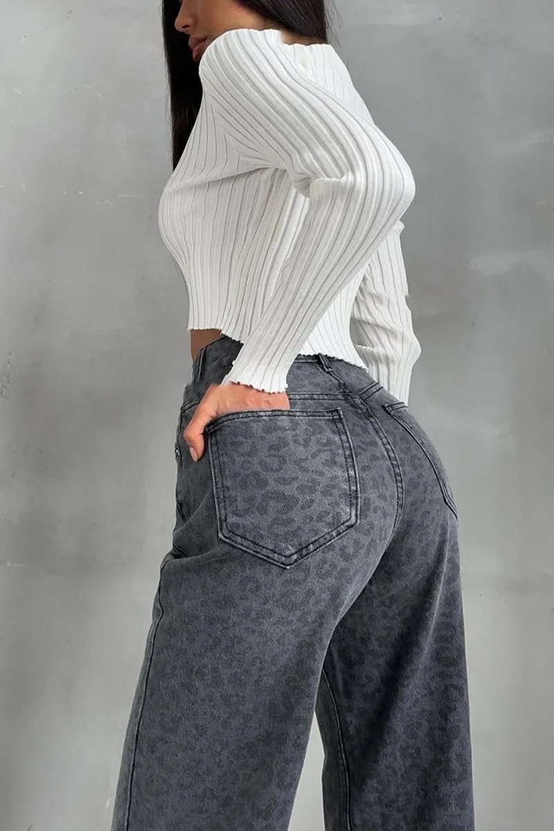 PN0230 Leopard Denim Long Jeans