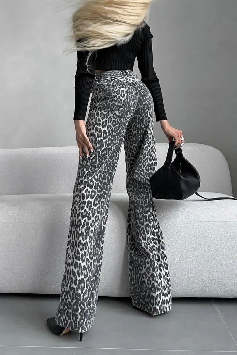 PN0230 Leopard Denim Long Jeans