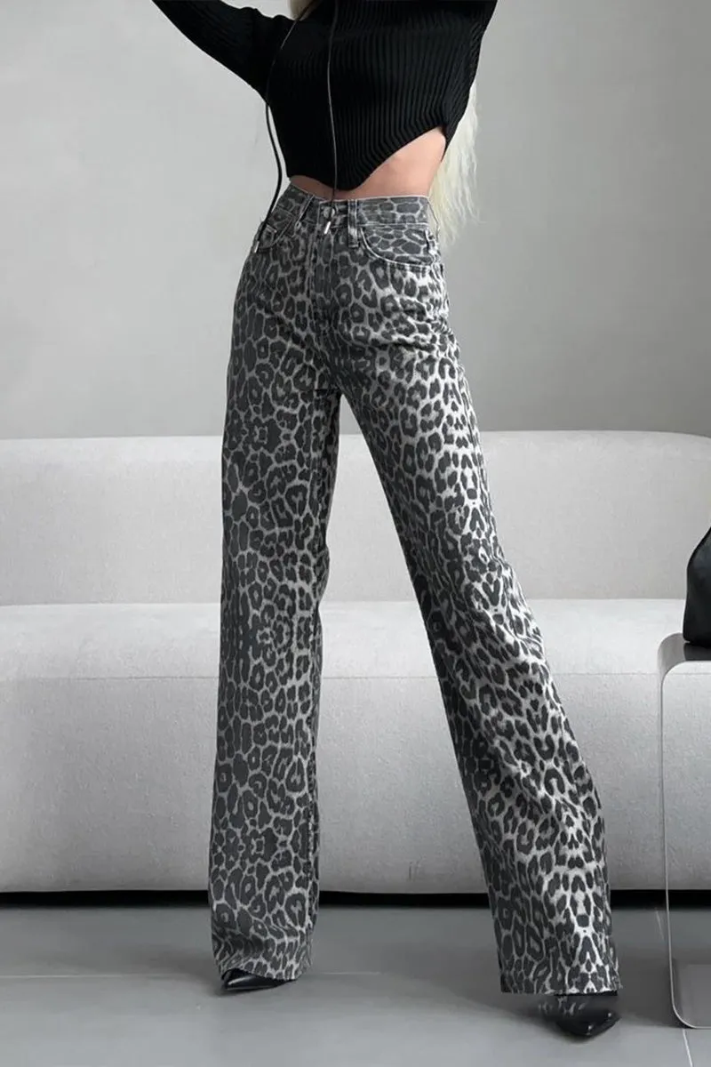 PN0230 Leopard Denim Long Jeans