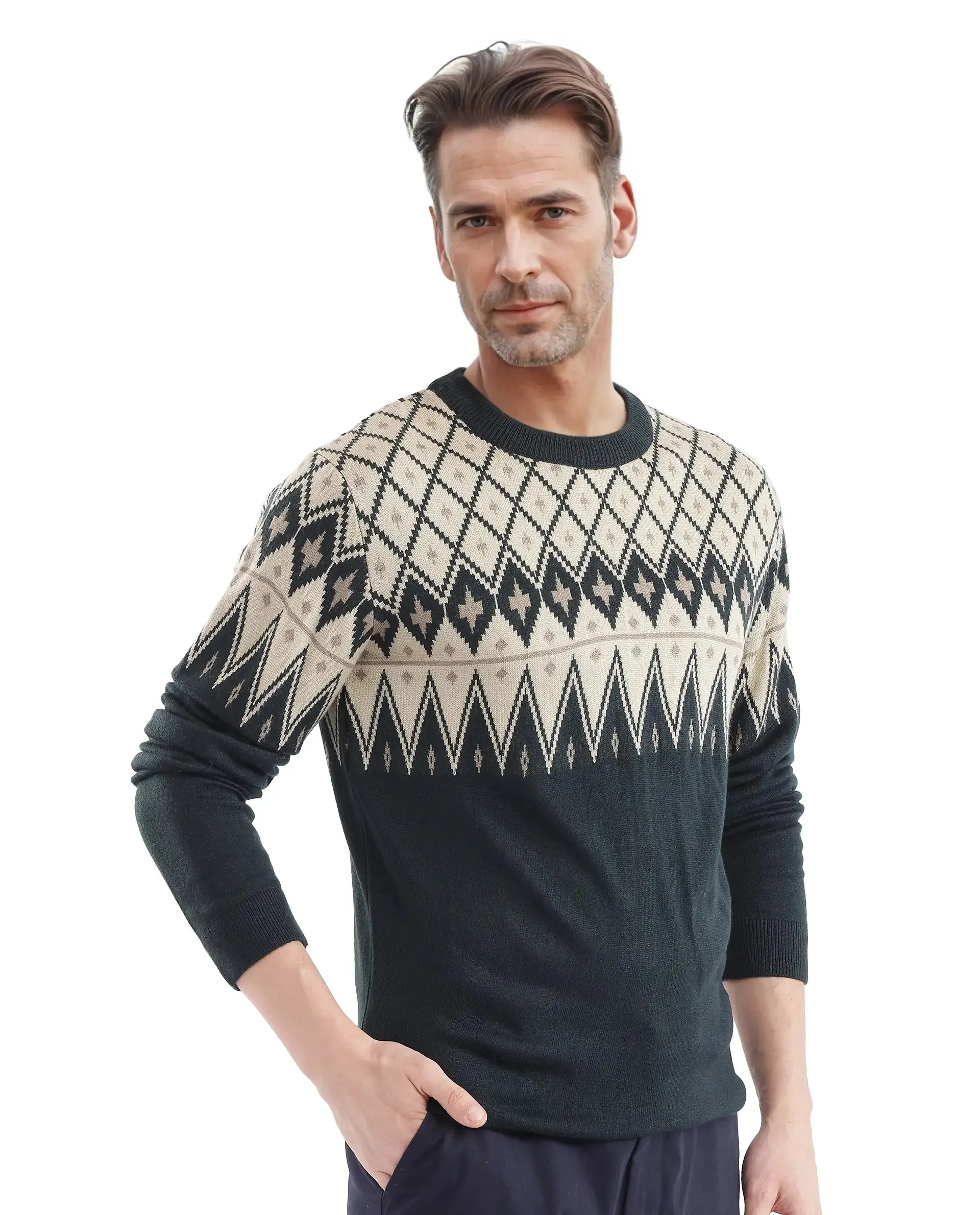 Rare Rabbit Men's Kezeck Navy Full Sleeve Crew Neck Regular Fit Argyle Sweater