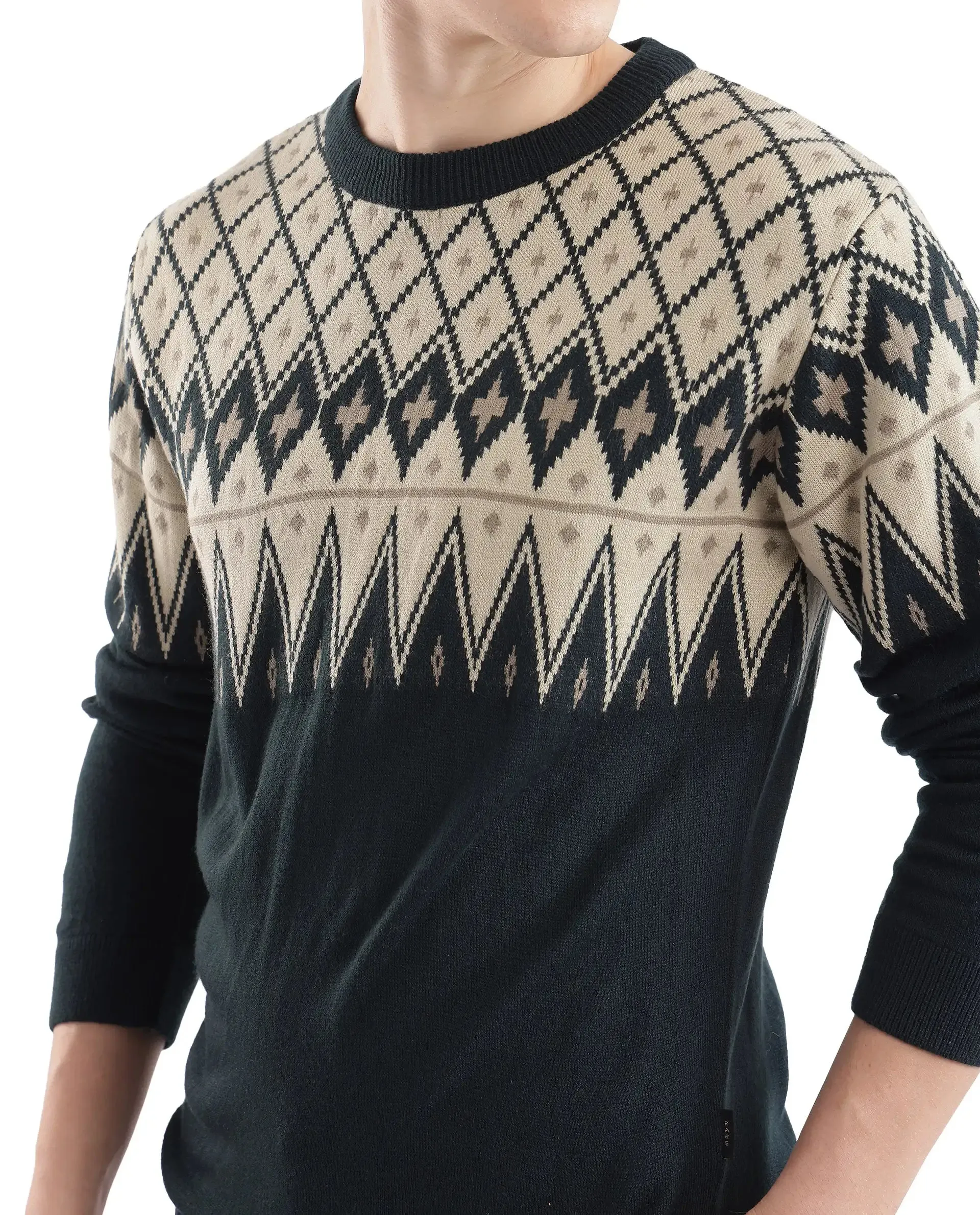 Rare Rabbit Men's Kezeck Navy Full Sleeve Crew Neck Regular Fit Argyle Sweater
