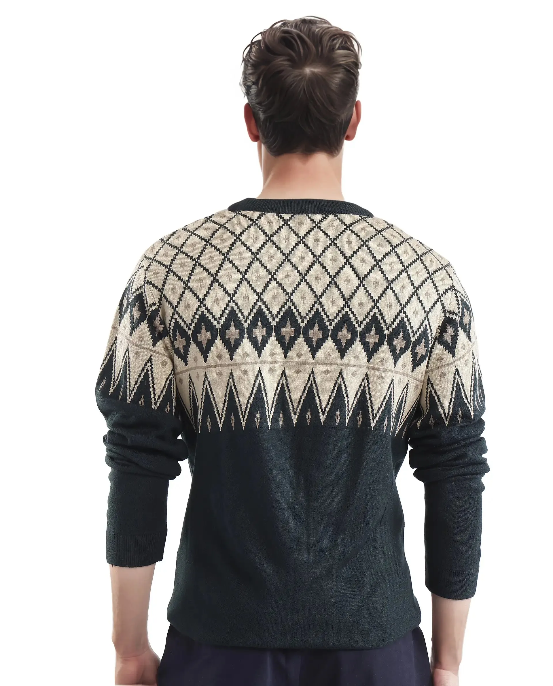 Rare Rabbit Men's Kezeck Navy Full Sleeve Crew Neck Regular Fit Argyle Sweater