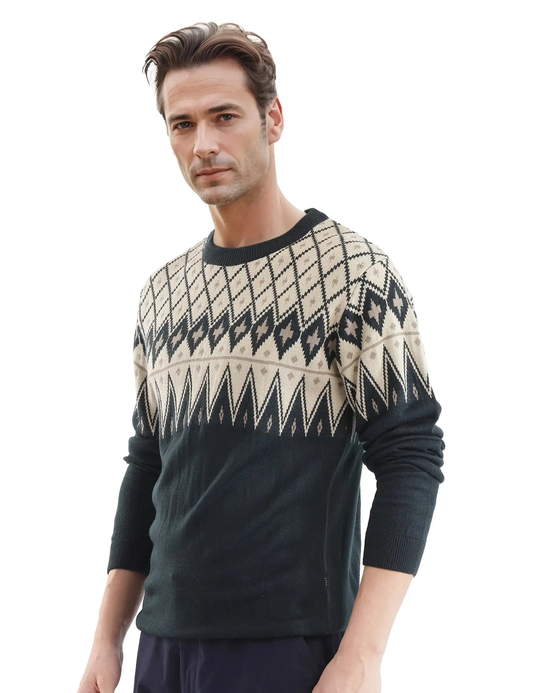 Rare Rabbit Men's Kezeck Navy Full Sleeve Crew Neck Regular Fit Argyle Sweater