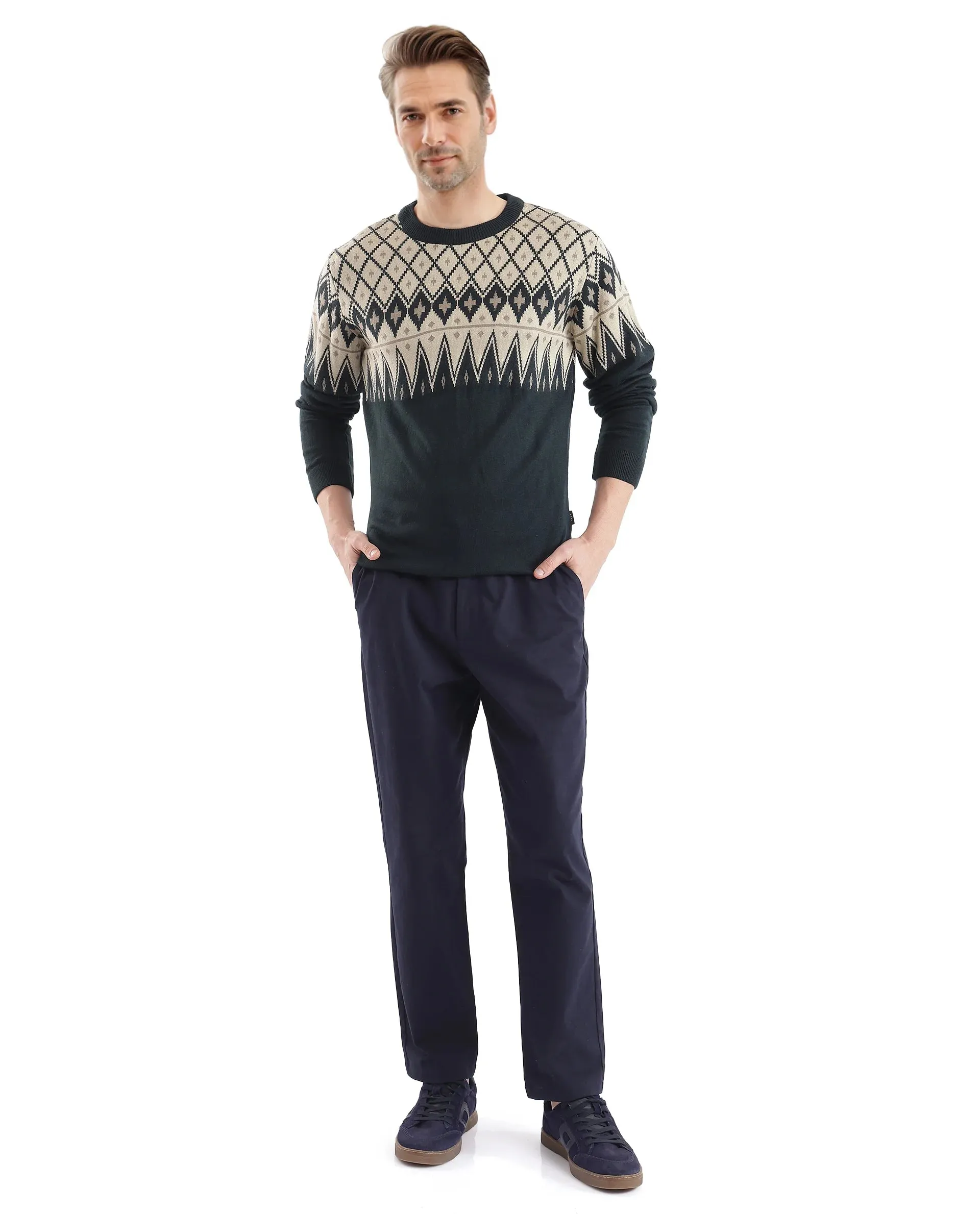 Rare Rabbit Men's Kezeck Navy Full Sleeve Crew Neck Regular Fit Argyle Sweater