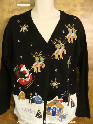 Santa and Flying Reindeer Corny Cheesy Christmas Sweater