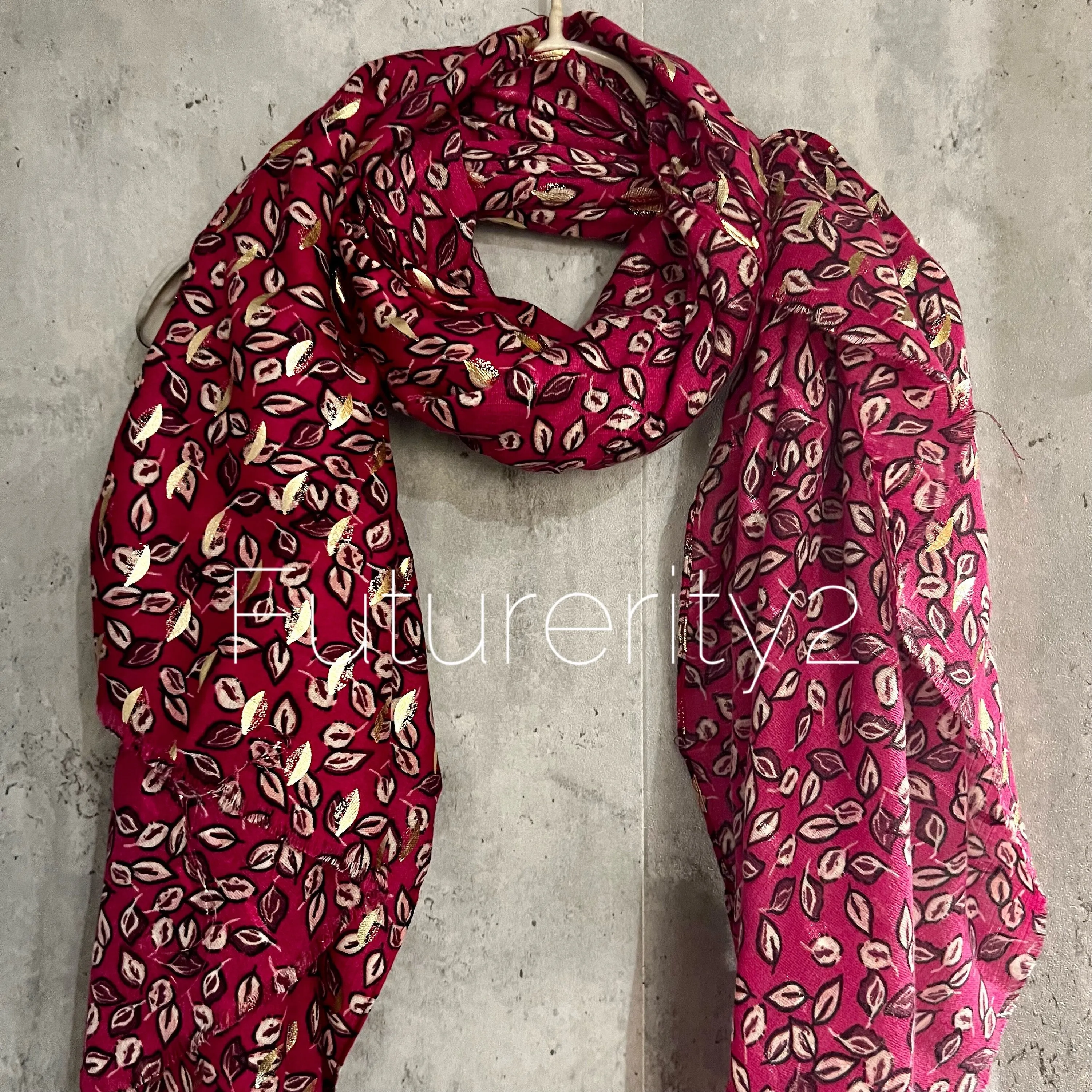 Seamless Small leaf’s With Gold Foil Pink Cotton Scarf/Summer Autumn Winter Scarf/Gifts For Mum/Gifts For Her Birthday Christmas/UK Seller