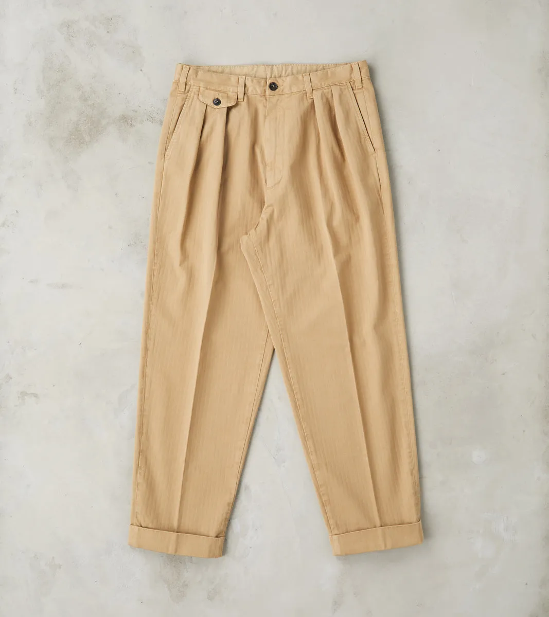 Seattle Pleated Trouser - Camel Herringbone Twill