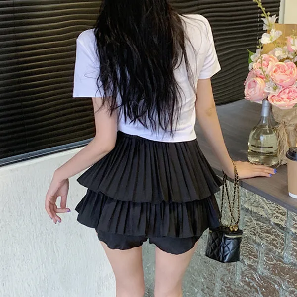 Set Beaded Crew Neck T-Shirt Top Pleated Cake Skirt
