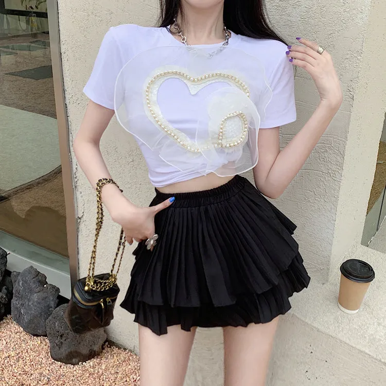 Set Beaded Crew Neck T-Shirt Top Pleated Cake Skirt