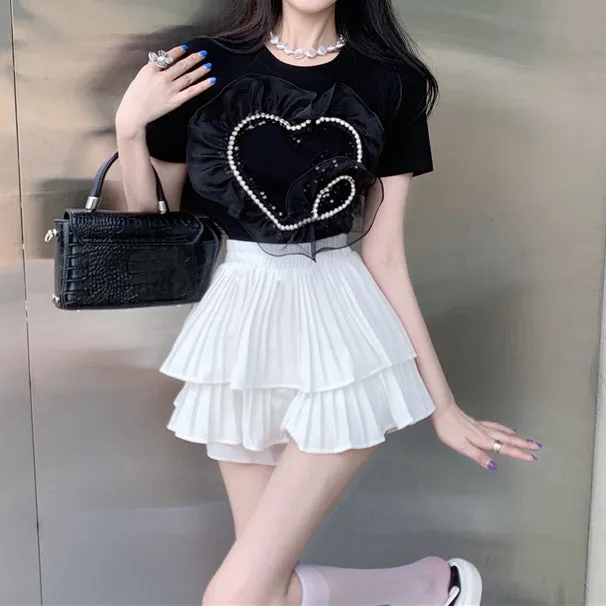 Set Beaded Crew Neck T-Shirt Top Pleated Cake Skirt