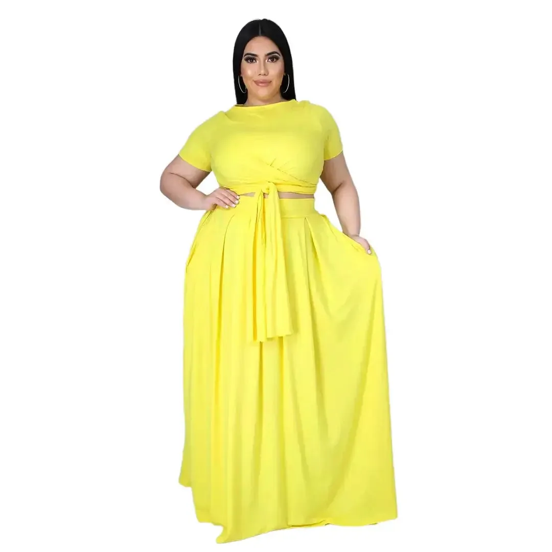 Sexy Women's Lace Up Knotted Crop Top & Maxi skirt |Two Piece Set Outfit