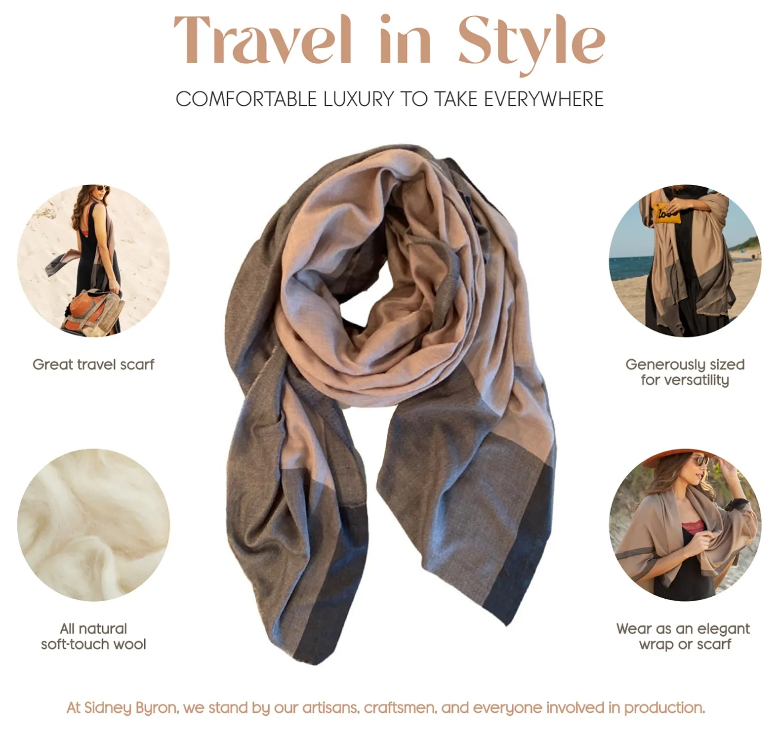 Sidney Byron | Womens Fashion Graphic Stripe Golden Hue Scarf in Taupe | 100%Soft Wool | 77"x30" | Made in India | Breathable Lightweight Soft Wraps
